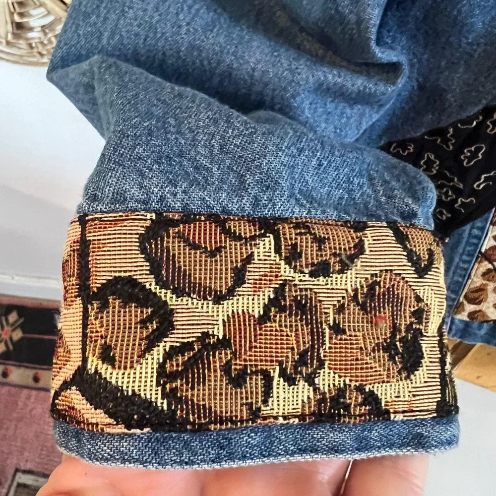 Vintage TanTrums Blue Cotton Denim Patchwork Animal Print Safari Jacket Medium